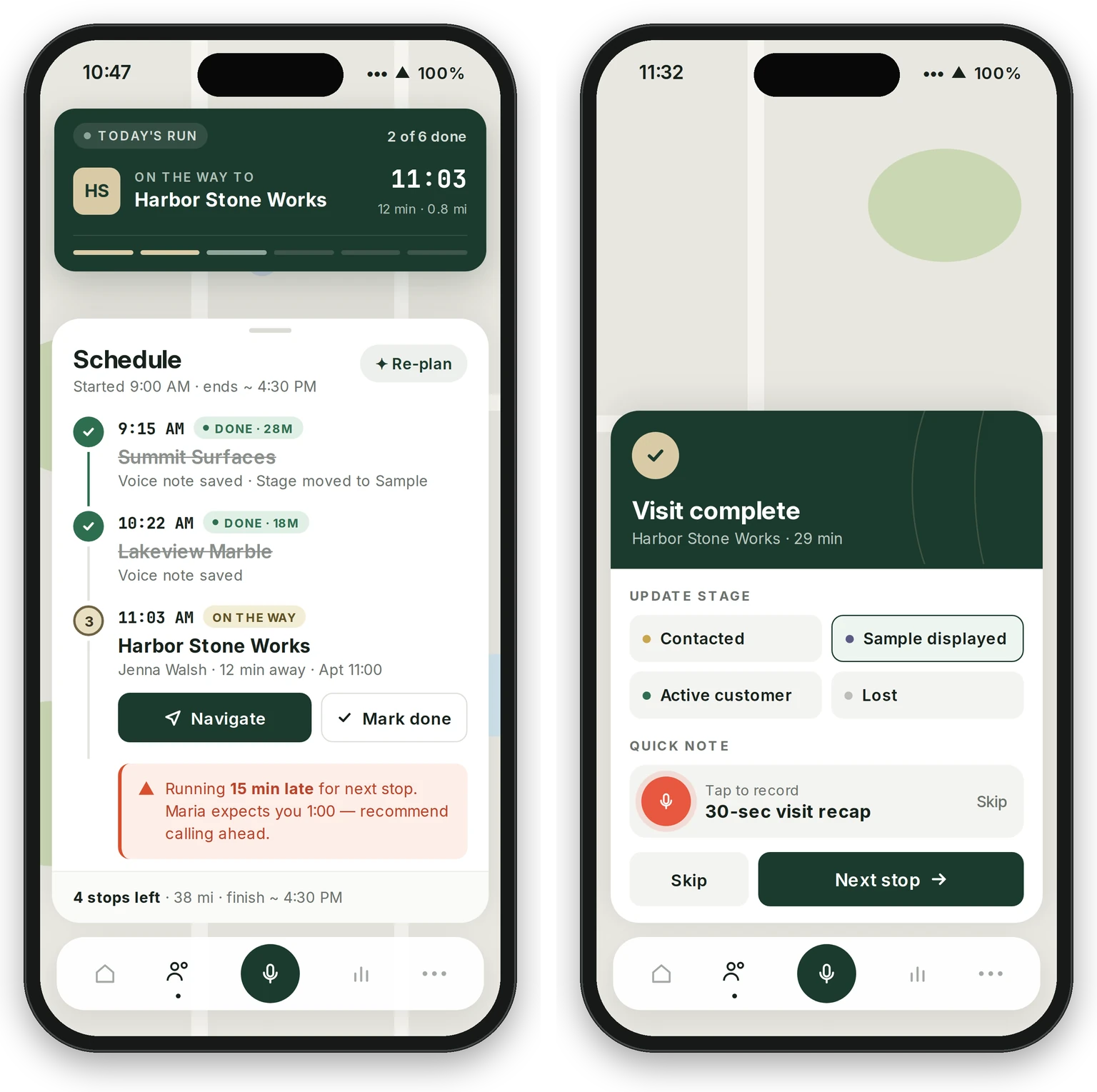 Route app on two phones: today’s visit schedule and the visit-complete screen